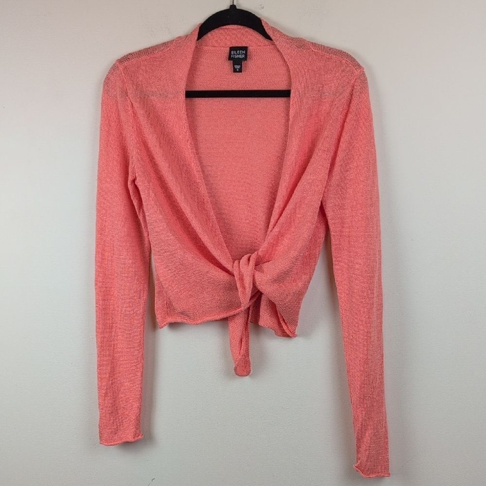 Eileen Fisher Coral Linen Long Sleeve Open Front Cardigan Size S